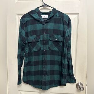 TNA Green and Black Checkered long sleeve hooded shirt flannel button down sz M